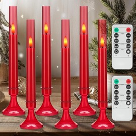 SEHNSY Red Flameless Taper Candles with Remote and Timer,3D Flickering Flameless Candles with Holders, 6 Pack LED Battery Operated Candlesticks 9.25"x0.75" for Christmas, Valentine’s Day Decor