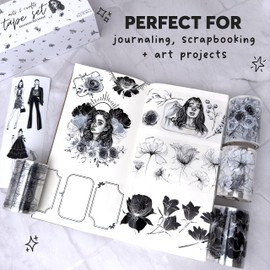 Fayware 4 PET Tapes for Journaling and Scrapbooking - Black & White Junk Journal Supplies for DIY Arts & Crafts Projects