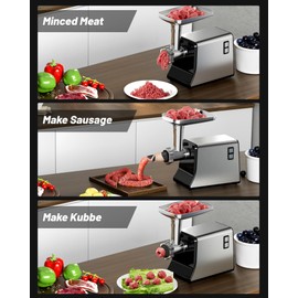 INFOOD Electric Meat Grinder - Heavy Duty Meat Grinders with 3 Stainless Steel Cutting Blades, 3 Grinding Plates, 1 Sausage Maker & Kubbe Kit for Home Kitchen Use, Silver