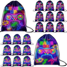 Eccliy 20 Pcs Video Game Party Favor Bags Gamer Birthday Party Drawstring Bags for Kids Boys Girls 12 x 10 Inch Gaming Goodie Treat for Game on Theme Decorations Supplies(Neon,Classic Style)