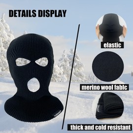 Fullsheild 3 Hole Merino Wool Balaclava Face Ski Mask Winter Knitted Full Face Cover Black One Size