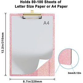 Portapapeles de Acrílico con Purpurina Decorativo Tamaño Estándar A4 Carta 12.2 x 8.7, Tableros de Clip Brillantes de Moda con Clip Dorado de Perfil