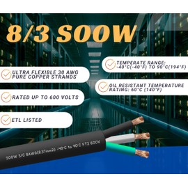 25 Feet 8/3 SOOW Cable Cord Wire - 8 Gauge 8 AWG 3 Conductor 600V Portable Power Extension Cord Cable with Ultra Flexible CPD Insulation Jacket