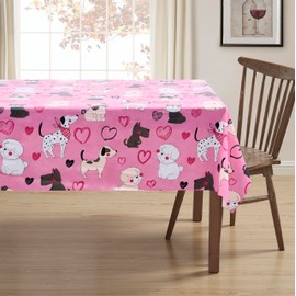 Valentine Vinyl Flannel Backed Tablecloth for Dining Room Kitchen Table Decor: Valentine's Day Love Hearts Kisses and Pets Dogs Cats Themed Designs (Pets, 60" x 90")