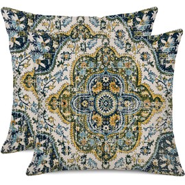 Gujiahone Outdoor Waterproof Pillow Covers 18 x 18 Inch Set of 2 Bohemian Vintage Carpet Pattern Pillow Covers Green Blue Ethnic Design Decorative Farmhouse Pillow Covers for Couch Garden Balcony