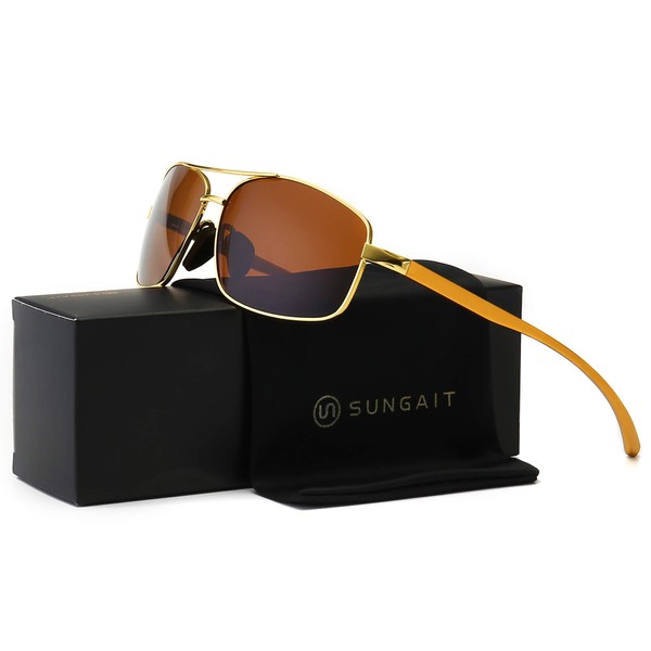 SUNGAIT Ultra Lightweight Rectangular Polarized Sunglasses UV400 Protection (Gold Frame Brown Lens, 62) Metal Frame 2458 JKC