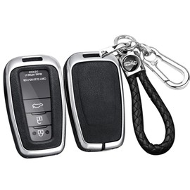 SANRILY PU Leather 3/4 Button Key Fob Cover Fit for Toyota Camry 2018-2021 RAV4 Avalon C-HR Prius Corolla Highlander GT86 Keyless with Keychain Silver-Black