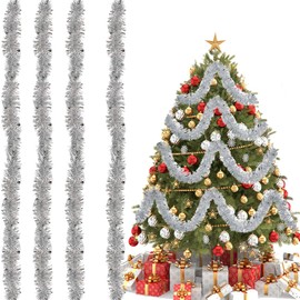 Shiny Tinsel Garland, Metallic Tinsel Garlands, Christmas Tinsel Shiny, 2 m Christmas Decoration Tinsel for Christmas Tree, Christmas Party, Pack of 4, Silver