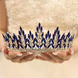 Rannyrena Gold Bride Wedding Tiara Crown for Women Elegant Royal Queen Crown Headband Glitter Crystal Princess Headpieces for Quinceanera Pageant Prom Birthday (02Gold-blue, Standard)