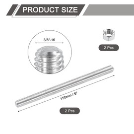 sourcing map 3/8"-16 Fully All Threaded Rod, 2 Pcs 304 Stainless Steel Long Threaded Screw 6" Length Right Hand Threads for Furniture Mounting Assembly Fastening