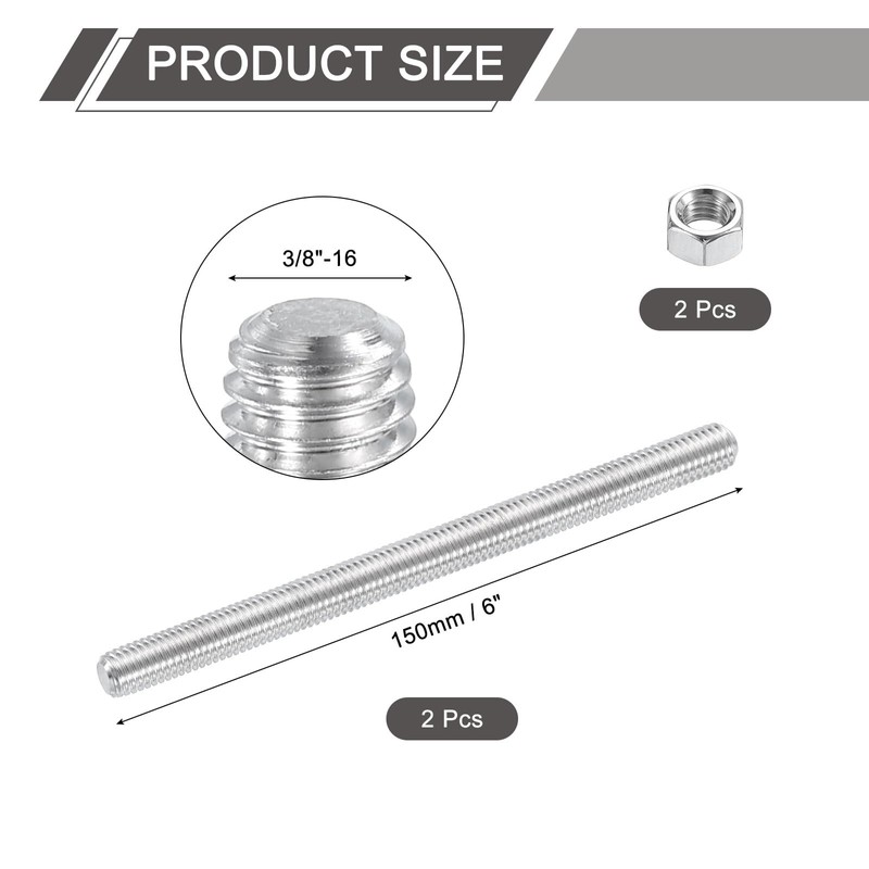 sourcing map 3/8"-16 Fully All Threaded Rod, 2 Pcs 304