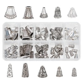 Pandahall Elite 60 Pcs In 1 Box 10 Different Shape Tibetan Style Bead Caps, Alloy & Brass & CCB Bead Caps For Jewellery Making, Antique Silver Color,Mixed size