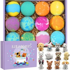 Bath Bombs for with Surprise Toys Inside for Girls Boys - 12 PCs Bubble Bath Fizz Balls Gift Set with Surprised Puppy Toy, Gentle and Safe for Easter Eggs Stuffers Christmas Body Care Bright