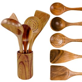 Scissors Art 6-Piece Wooden Cooking Utensil Set – Natural Acacia Wood Spoons & Spatulas with Holder, Nonstick & Heat-Resistant Kitchen Tools