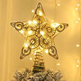 Juegoal Star Tree Topper with 20 LED Lights, Metal Golden Lighted Treetop Ornaments, Battery Powered Light Up Christmas Tree Decorations, 6.3 x 6.5 Inches