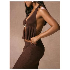 Milumia Women's Seashell Decor Crochet Halter Top Backless Summer Beach Cover Up Tops Chocolate Brown Small