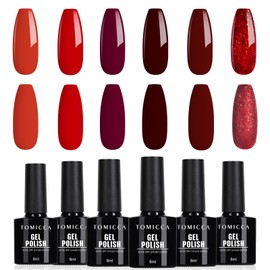 TOMICCA UV Nail Varnish Set, 6 Colours, Red & Red Glitter, Shellac Nail Varnish, Soak Off, UV/LED Gel Nail Varnish, Gift, for Nail Studio, DIY at Home, 8 ml