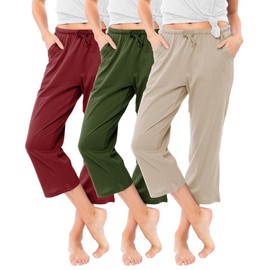 Sexy Basics Women's 3 Pack Cotton Lounge Pants | Sleep -Capri -Yoga Style Drawstring PJ Bottoms