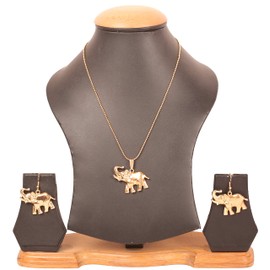 Touchstone Sunsoul Tribal Boho Finely Hand Peeled Metal Mighty Tusky Elephant Motif Exotic Look Designer Pendant Earring Set Jewelry in White Tone for Women.