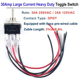 DWMD 2Pcs 30Amp 250V AC DPDT Latching Rocker Toggle Switch, 12V DC Heavy Duty 6Pin 3Position ON Off ON with Waterproof Boot Cap and 6.3mm Terminal pre-Wired Cables