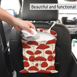 AUEKLLW Car Trash Can, Hanging Garbage Bin for Men and Women, Cute Car Organizer and Storage Bag, Canvas Vehicle Trash Can Bag Easy-to-Install Cute Red Mushroom