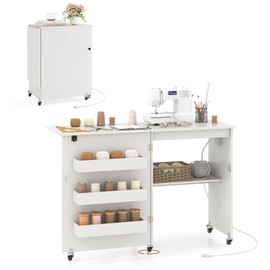 COSTWAY Sewing Machine Table with Charging Station, Folding Sewing Cabinet w/Lockable Casters, 3-Tier Shelf, Middle Rack, Magnetic Door, Small Sewing Desk for Home Apartment, Studio (White)