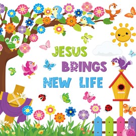 Pajean 112 Pcs Christian Spring Bulletin Board Decorations Classroom Religious Flower Tree Bulletin Board Set Spring Cutout Jesus Brings New Life Easter Bulletin Board for Classroom Spring Party Decor