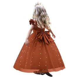 Girl Formal V-Back Satin Flower Girl Dress Girls Dresses for Wedding Flying Sleeve Pearls Tulle Girls Prom Ball Gown Princess Dresses Burnt Orange