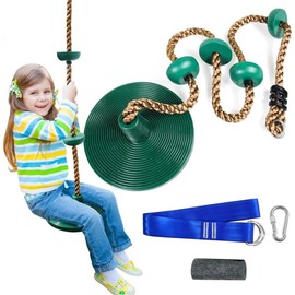 Tree Swing for Kids,Climbing Rope with Platforms,Disc Swing Seat Set Outdoor Playground Accessories for Kids-Include Carabiner, 4ft Tree Strap and Tree Protector - Color: Green
