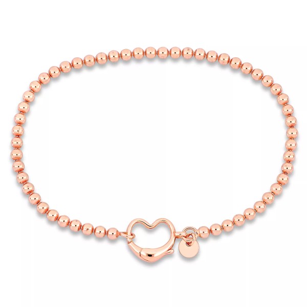 Amour Rose Plated Sterling Silver Ball Link Heart Clasp Anklet