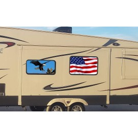 28x38 Waving American Flag Universal RV, Camper, 5TH Wheel, Toyhauler Window 50/50 Perforated Tint Vinyl Decal