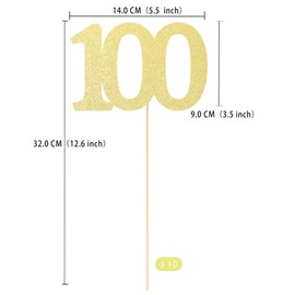 Gexolenu NO 100, 10 Pack Double-Sided Gold Glitter 100th Birthday Centerpieces for Tables, Number 100 Birthday Table Toppers Party Centerpiece Sticks Party Supplies