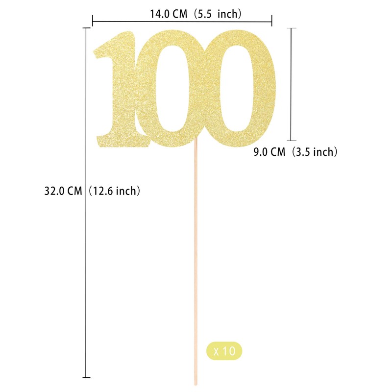 Gexolenu NO 100, 10 Pack Double-Sided Gold Glitter 100th Birthday
