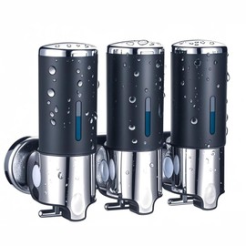 Black Wall Mounted Soap Dispenser for Shower, No Drilled WELLUP Shampoo Dispensers, 3-in-1 Chamber Bathroom Shower Soap Dispenser for Kitchen Bathroom, Matte Black