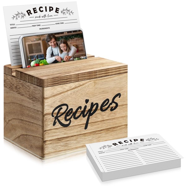 Hoteam Wooden Recipe Box with Cards and Rustic Wood Recipe
