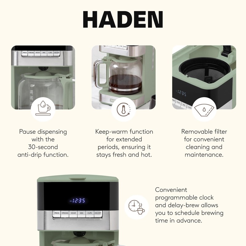 Haden Coffee Machine, 12-Cup Programmable Drip Coffee Maker with Auto