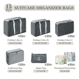 GIBOHOM Suitcase Organiser Set, 15 Pieces Packing Cubes, Waterproof Clothes Bags for Holidays and Travel, Travel Organiser, Suitcase Organiser with Packing Bags, Transparent, Grey