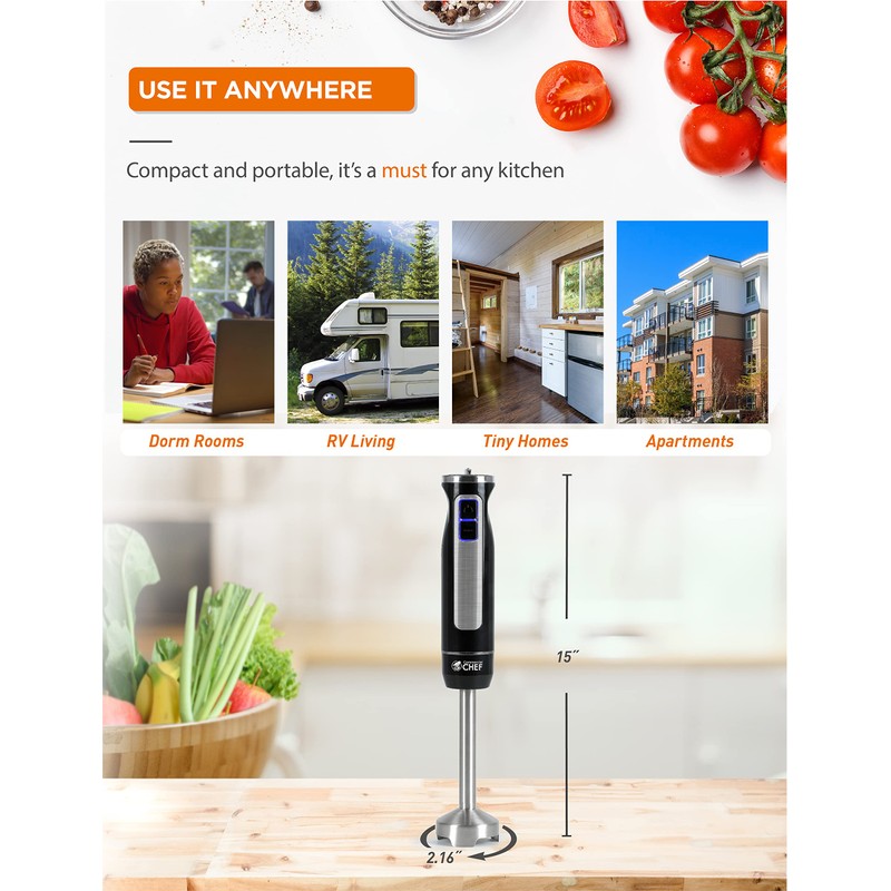 Commercial Chef Multi-Purpose Immersion Hand Blender with Detachable Stainless Steel