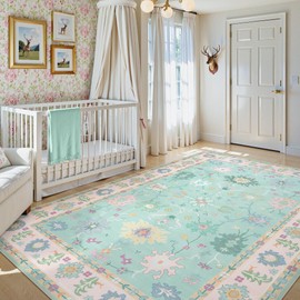 LIVEBOX Washable Oushak Rug, Non Slip 5 x 7 Area Rug for Bedroom, Turkish Pink Floral Boho Rugs Vintage Mat, Soft Pastel Dining Room Rugs Indoor Carprt for Living Room, Baby Kids Nursery Room Decor