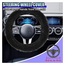 10PCS Fluffy Car Accessories Set, Furry Steering Wheel Cover with Warm Fuzzy Gear Shift Cover Ball Keychain Handbrake Cover Console Seat Belt Shoulder Pads & Diamond Ignition Ring Cup Mats (Black)