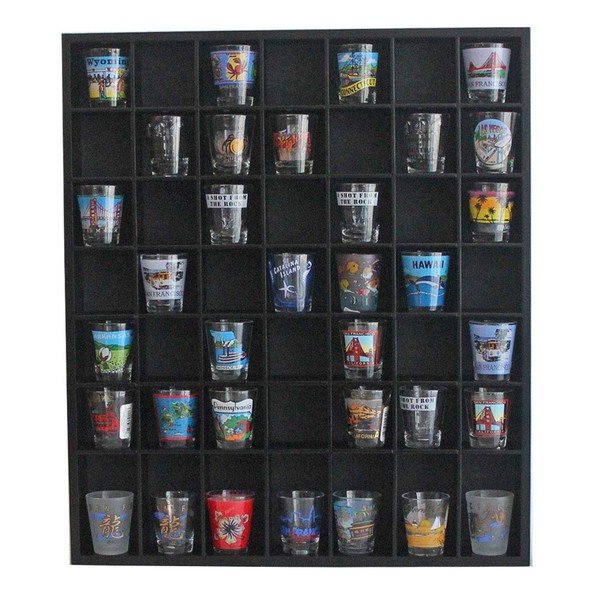 DisplayGifts Black Shot Glass Display Case 36 Slots Wall Mount Shadow Box Bar Cabinet Collection Freestanding No Door