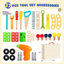 Innotoys Kids Tool Set with Electric Drill, 37 Pcs Wooden Toddler Tools Kit with Tool Box, Montessori STEM Learning Educational Construction Toys Gifts for 2 3 4 5 6 Year Old Boys Girls