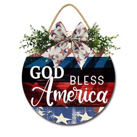 Ymaotrade 4th of July God Bless Americ-a Patriotic Sign for Front Door Decor Americ-an Stars Stripes Wood Hanger for Outdoor Outside Porch USA Memorial Day Wooden Indoor Wall Hanging Decor 12in
