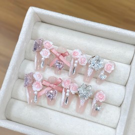 NLSJMP,Handmade Long Balerina Press on Nails,bow rhinestone Pearl Design Nail Art Kit,Acrylic Fake Nails Kit,Reusable False nails,Include Toolkit,10pcs,Rose,Size M