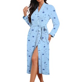 Ekouaer Womens Robes Lightweight Soft Knit Bathrobe Full Length Sleepwear with Pockets Ladies Loungewear Light Blue Stars 3X-Large