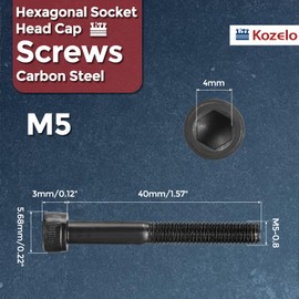 Kozelo 50pcs Socket Head Cap Screws - [M5-0.8 x 40mm] Alloy Steel Black Oxide Grade 12.9 Internal Hex Screw for 3D Printer Furniture Industrial Use, Black