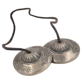 DharmaObjects Large Tibetan Premium Quality "Om Namah Shivaya" Tingsha Cymbals 3" With Pouch