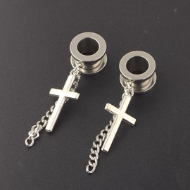 Unisex Ear Tunnel Stainless Steel Silver Flesh Tunnel Cross Pendant Earrings Punk Set of 2, Stainless Steel, Without cubic zirconia