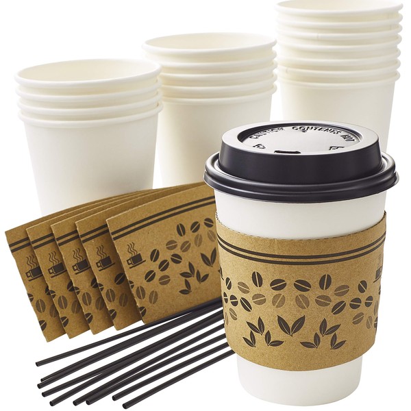 50Pk 12Oz Disposable Coffee Cup Set With Sleeves Lids and Stirrers. Recyclable White Paper Cup Bundle With Stylish Jacket Is Convenient for Business or Cafes to Serve Hot Beverages and Drinks To Go.