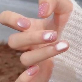 Nail Tip, Short, Round, 24 Pieces, Nail Tip, Cat Claws, Pink, Skin Color, Cat Eye, False Claws, Popular, Japanese Style, Cute, Simple, Fashionable Party, Autumn, Spring, Summer, Daily Life, Bridal